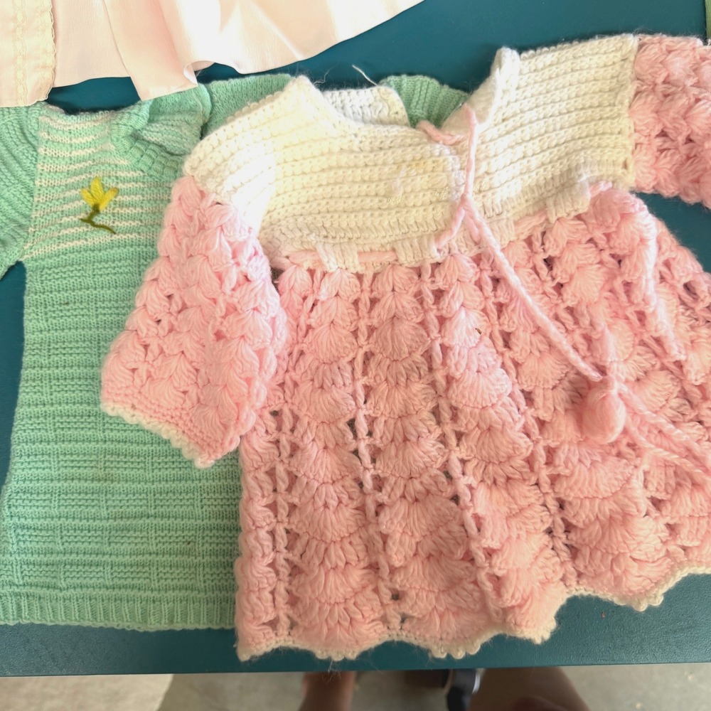 Vintage Handmade Crochet Baby Dress's and Newborn Pink Mint Acrylic baby cloths‎